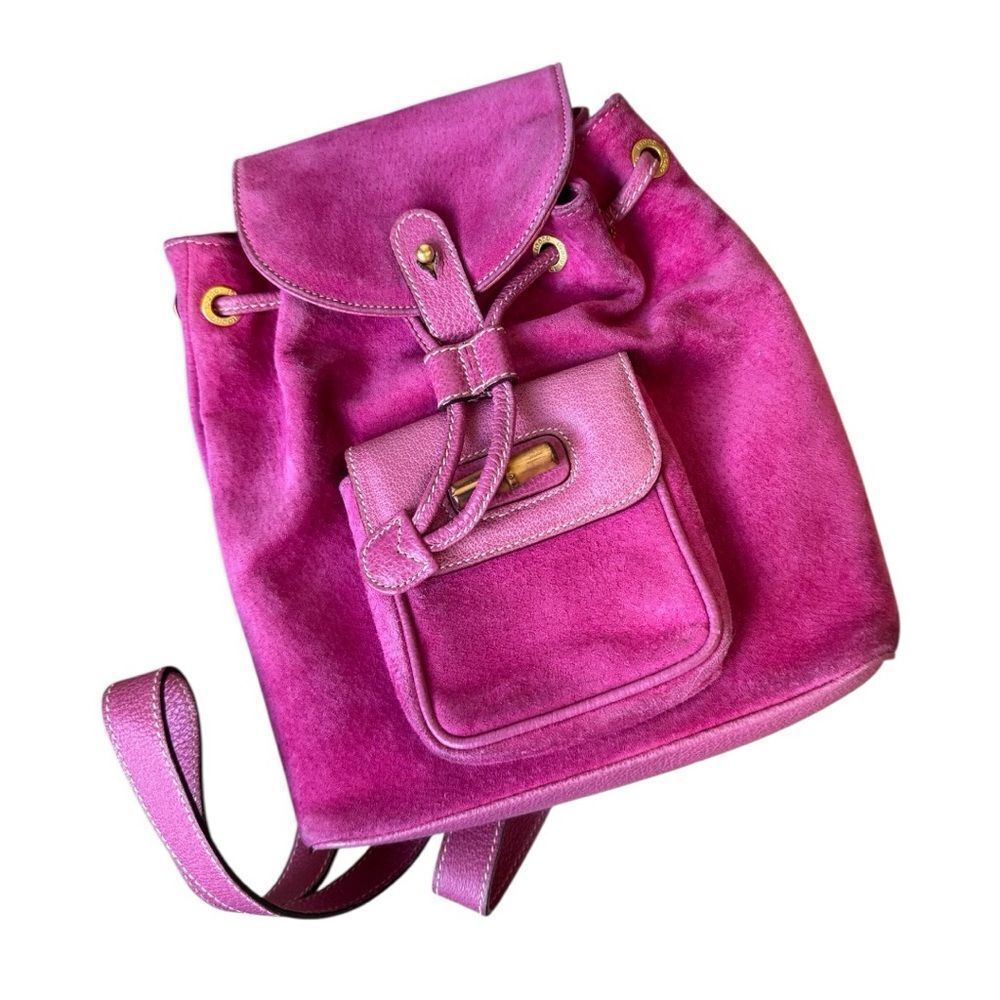 GUCCI Vintage Fuchsia Pink Suede Leather Mini Bamboo Backpack Napsack Auth - Picture 16 of 16